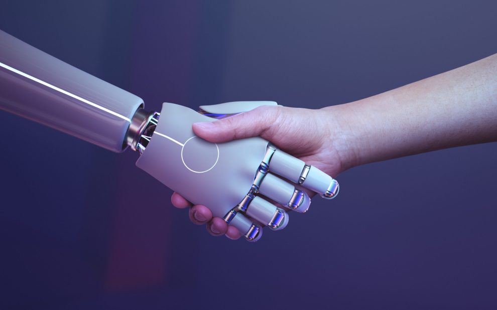 Robot handshake human background, futuristic digital age