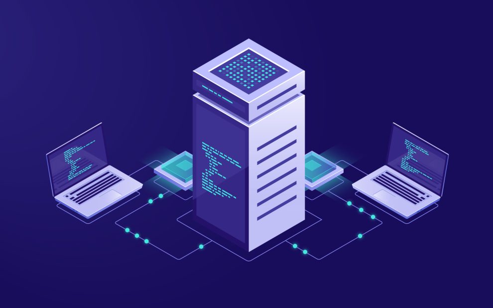 Big data processing concept, server room, blockchain technology token access, data center and database, network connection isometric illustration vector neon