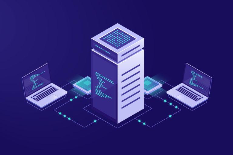 Big data processing concept, server room, blockchain technology token access, data center and database, network connection isometric illustration vector neon